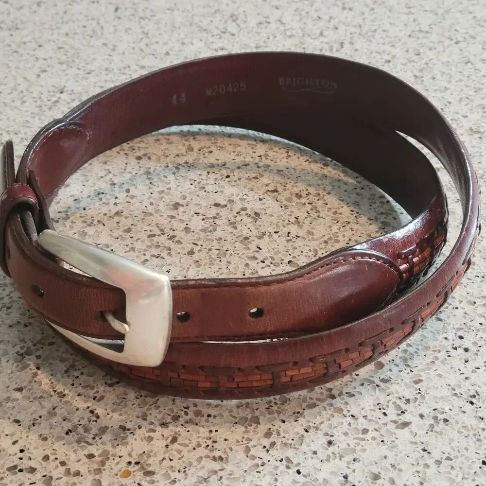 Brighton Mens Wooden Bead Genuine Leather Brown Braided Belt Silver Buckle✨️44